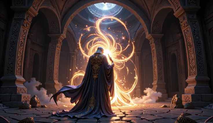 Create a high-quality, semi-realistic 3D animated fantasy art style image depicting an elderly Devta standing in his mystical Astra-Gar (divine forge). The environment is dimly lit, with ancient stone walls adorned with intricate carvings and glowing runes...
