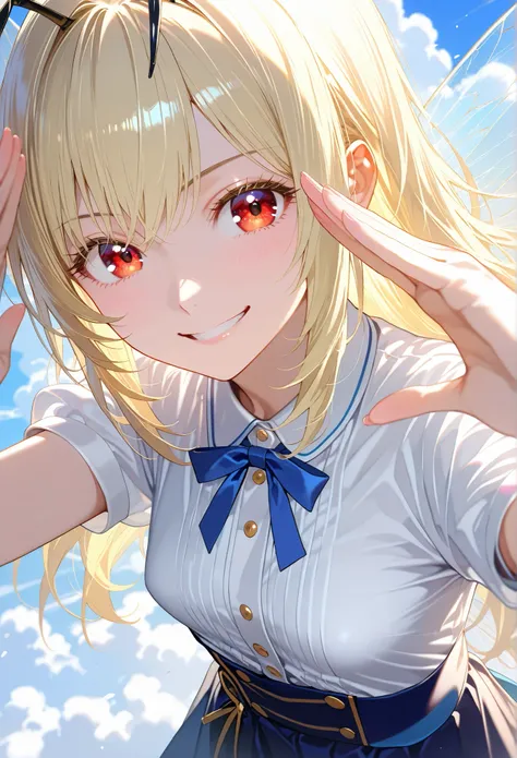 ■構図■view from above,(close-up,throw:1.2),She is positioned in the center of the image, ■背景■The background features a thatght-blue sky dotted with fluffy white clouds,Battlefield visible in the distance, ■People■(Beautiful Girl Who Cosplay as a Bee:1.3),(th...