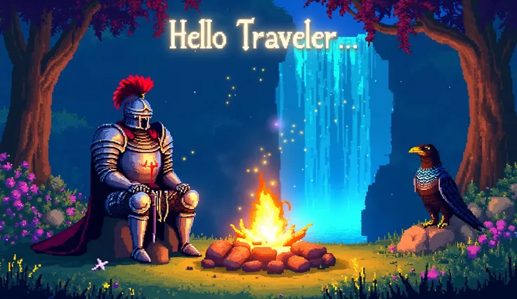 Main Subject:
A medieval knight in gleaming silver armor with a vibrant red cross sits by a lively campfire in a colorful forest at twilight. He wears a polished steel helmet with a flowing red plume, and a deep blue cloak with golden trim drapes over his ...