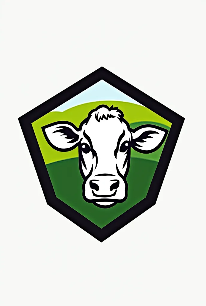 A pentagon-shaped logo featuring a stylized cow's head drawn in a simple and elegant black-and-white design. The background inside the pentagon consists of various shades of green, evoking a sense of nature and agriculture. The outer frame is black, adding...