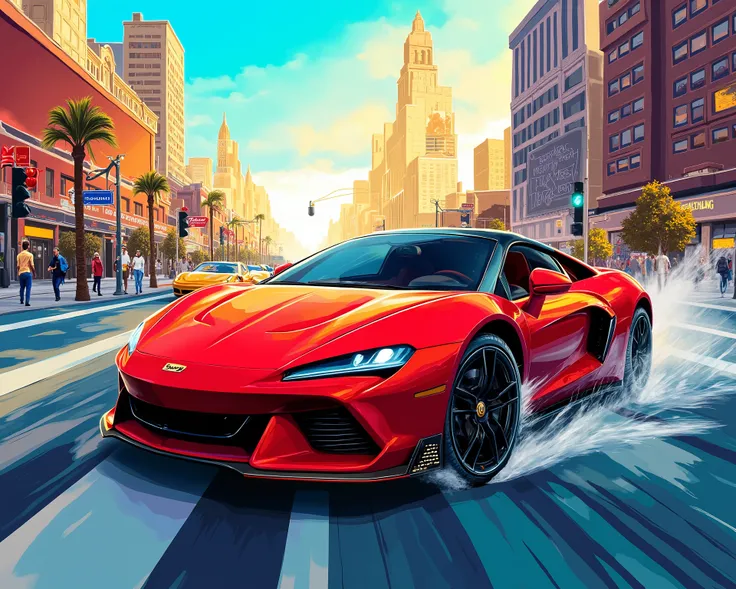 A bright beautiful red car speeding on the street, bright and colorful, vector, illustration
