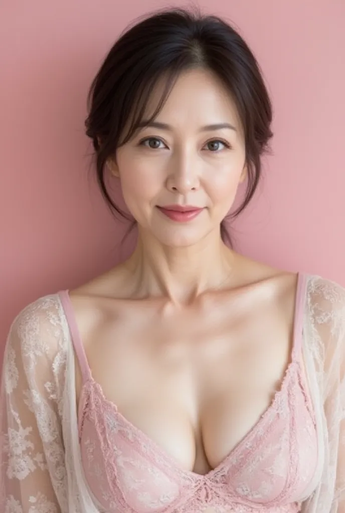 " wearing jacquard lingerie with a cherry blossom pattern 、 An elegant middle-aged Japanese mature , The soft pink and light gray design features. she has wavy hair, fine laugh lines, and官能的な表情, beautiful lips, eyeliner (1.2), mascara, andアイシャドウ.  The back...