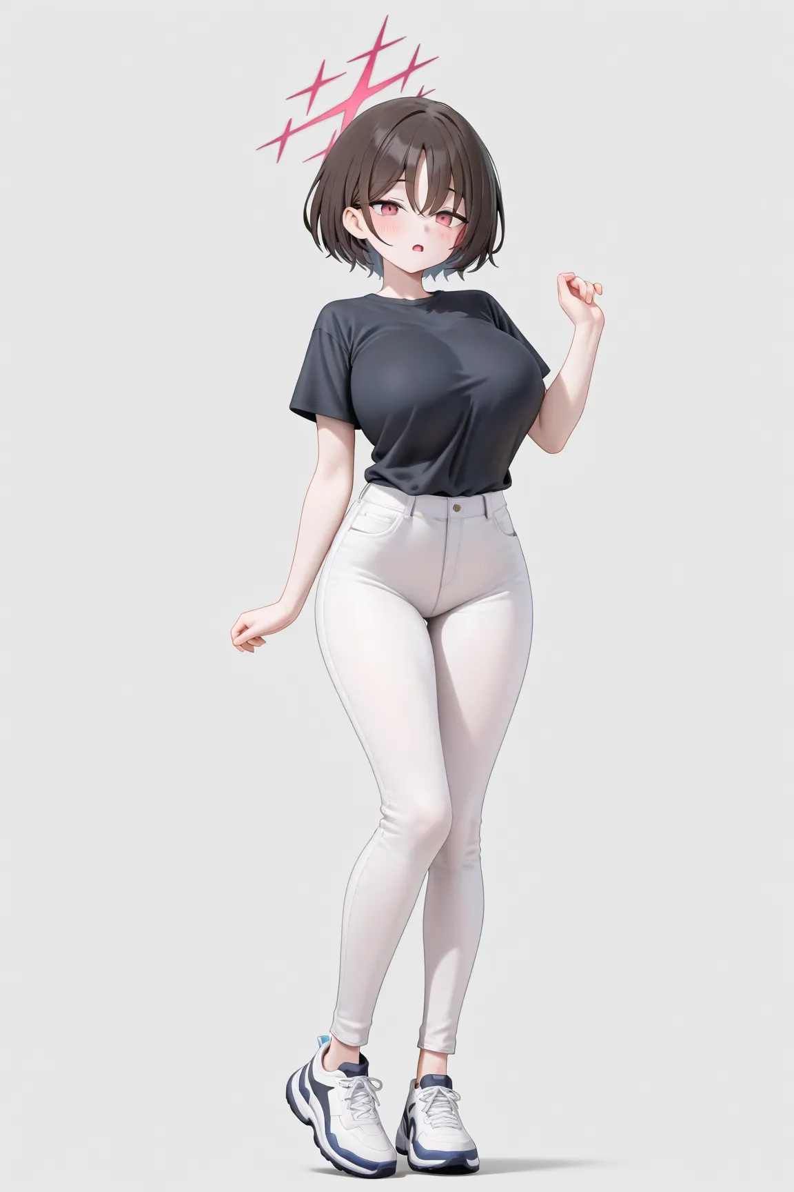 1girl, solo, misaki (blue archive), short hair, brown hair, large breast, black shirt, white jeans, sport shoes, blush, open mouth, full body, simple background, High Resolution, Masterpiece, Accurate, Best Quality, Detail, High Details, High Quality, Qual...