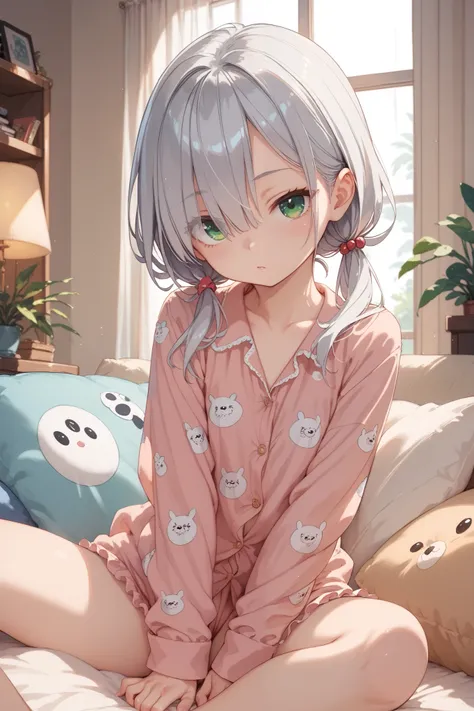 living room,petite girl,silver hair,green eyes,low twintails,hair over one eye,furrowed brow,pajamas,