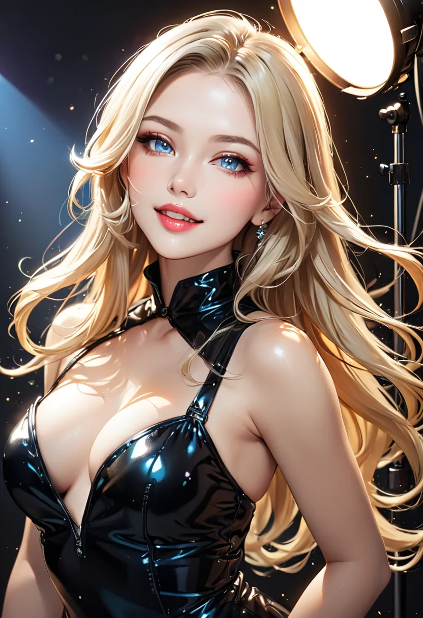 (best quality, Super Detail, Photorealistic),  bright and brightly colored please stick out , studio lighting, playful expression, long blond hair, attractive eyes, Glossy Lips, Sexy Poses, Smiling sexy, Take professional photo shooting poses,  soft natura...