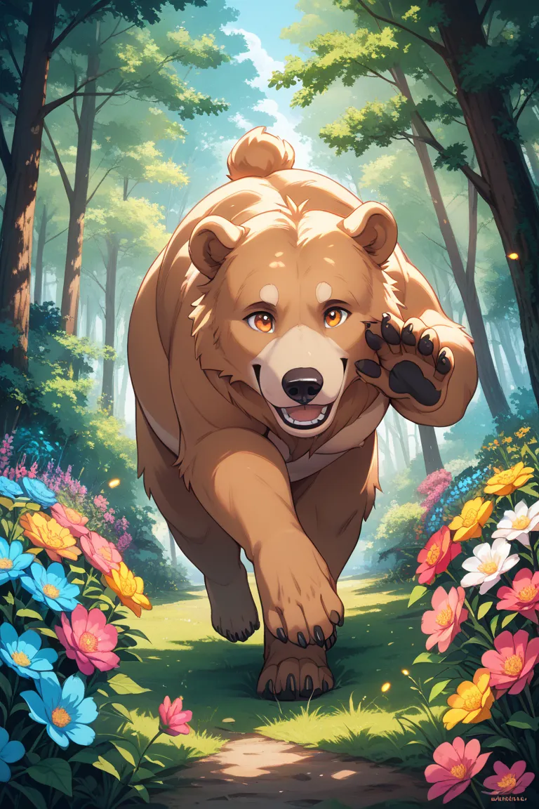 "A large, fluffy white bear with a big body is happily walking through a bright and colorful forest, carrying a bunch of multicolored flowers in both hands. The bear's eyes sparkle with joy, and it has a warm, cheerful smile on its face. The flowers are vi...