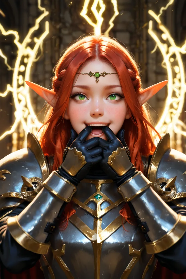 picture of a scene from Baldurs Gate, a portrait of a female elf cleric, red hair, green eyes, extremelley beautiful, ultra feminine, wearing heavy armor, GlowingRunes_paleblue from armor, ultra best realistic pictures , best details, best quality, ultra w...