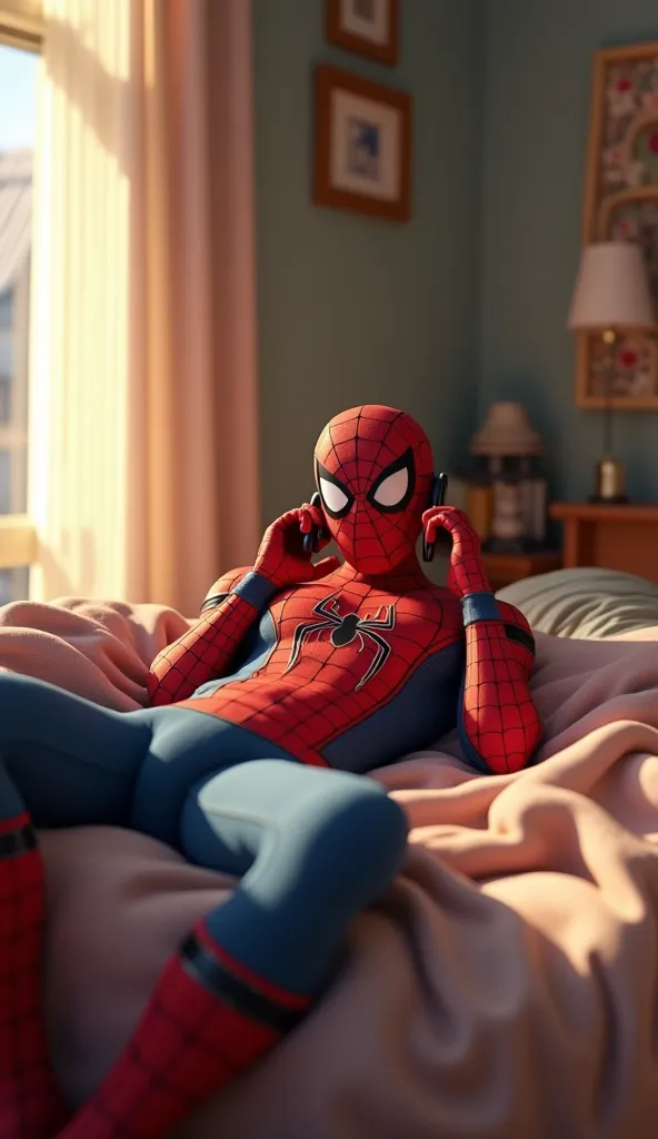 "A highly detailed 3D-style scene set in a bedroom during the day, with a bed in the background. Spider-Man, in his classic red and blue suit, is lying on the bed, casually speaking on the phone. His mask is on, but his body language suggests relaxation as...