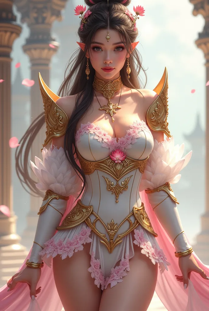 a sexy woman in a white gold and pink lotus lace armor skirt, chengwei pan on artstation, by Yang J, detailed fantasy art, stunning character art, fanart best artstation, epic exquisite character art, beautiful armor, extremely detailed artgerm, detailed d...