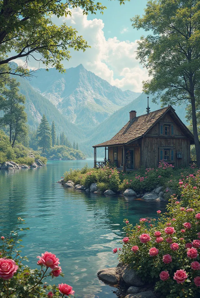 A lake, a small hut, trees and roses