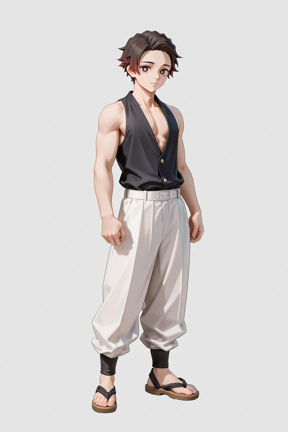 1boy, solo, tanjiro (kimetsu no yaiba), short hair, brown hair, black crewneck, white pants, sandals, full body, simple background High Resolution, Masterpiece, Accurate, Best Quality, Detail, High Quality, High Details, Quality, 