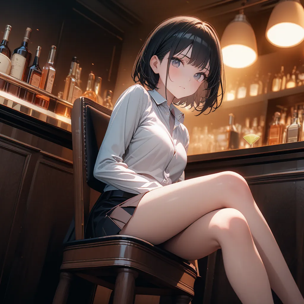 A masterpiece, hyper detailed, 8k, highest quality, light novel illustration,Enjoy a cocktail in a stylish, dimly lit bar,sitting on a chair,cross your legs,Dress shirt, 1 girl, 18y,slender, In a suit, mini skirt, extremely detailed face, black hair, short...