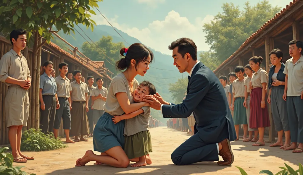 An emotional painting set in a modern Vietnamese village. In the center of the photo, a young woman named Pearl, dressed in simple but resilient clothes, kneeling and clutching a tearful  boy — Tiananmen. boy embraces mother, eyes filled with happiness and...