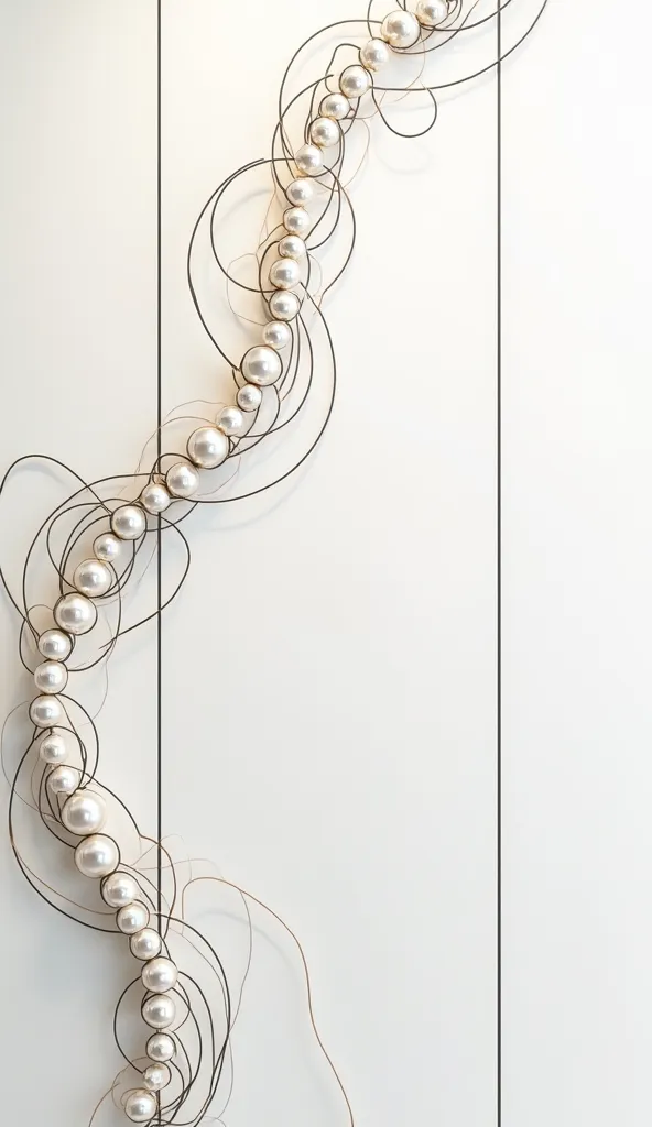 A minimalistic line art design for a building façade, featuring pearls elegantly strung together in a flowing, organic pattern. The artwork should be composed of clean, graceful lines, creating a modern and luxurious feel. The composition should be vertica...