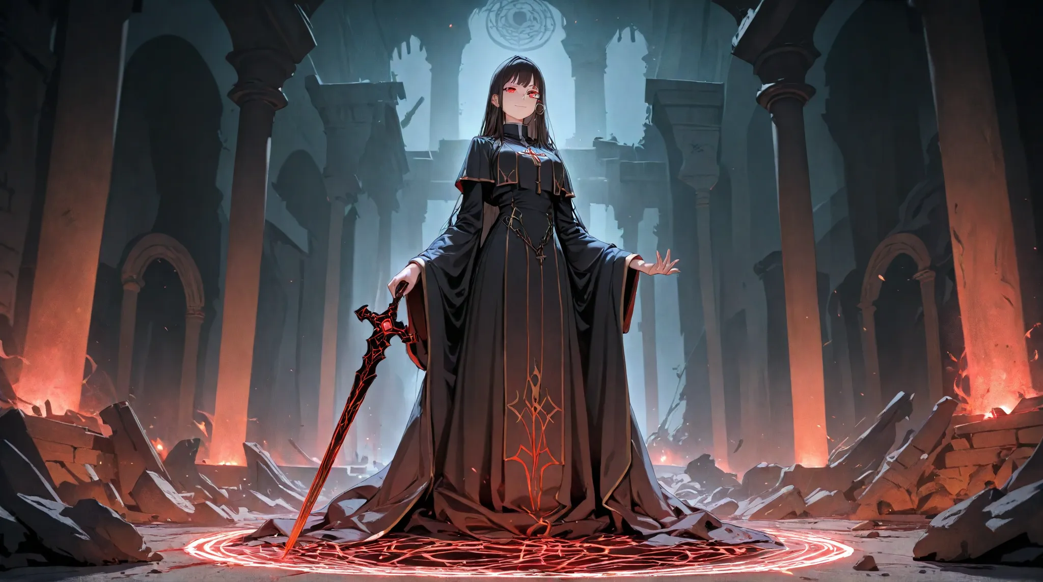  huge _very high resolution, High Resolution, 걸작, recent, 1 female, long hair, dark hair, red eyes, bangs, navy blue priest's suit, Blood Spellbook, monocle, light smile,  dark night,  completely dark , dark vibes, Magic Circle of Blood, Medieval Backgroun...