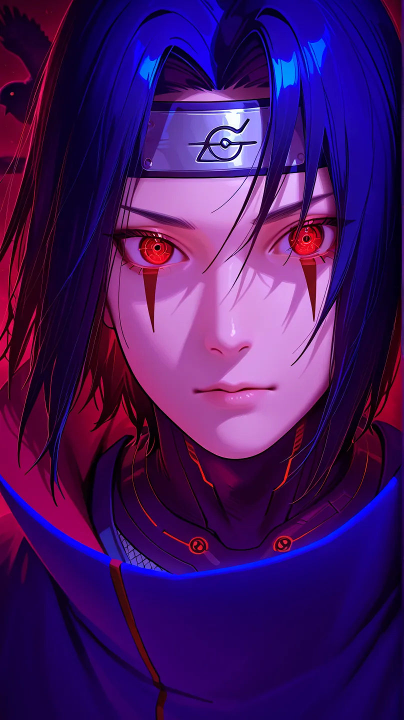 Masterpiece, Top Quality, Best Quality, High Resolution, Realistic, RAW Photo, 8k, High Detail CG Composite 8k Wallpaper, 1boy, itachi uchiha, ((black crows:1.2)), he is showing his sharingan eyes, ((cybernetic red sharingan:1.4)), high detailed skin, high...