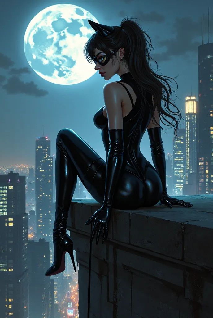 Generate an image of a Hot Catwoman on a Building with a leash in her hand, showing back view, looking back, sitting  pose, night time, Big moon city,Ponytail, Breasts, 