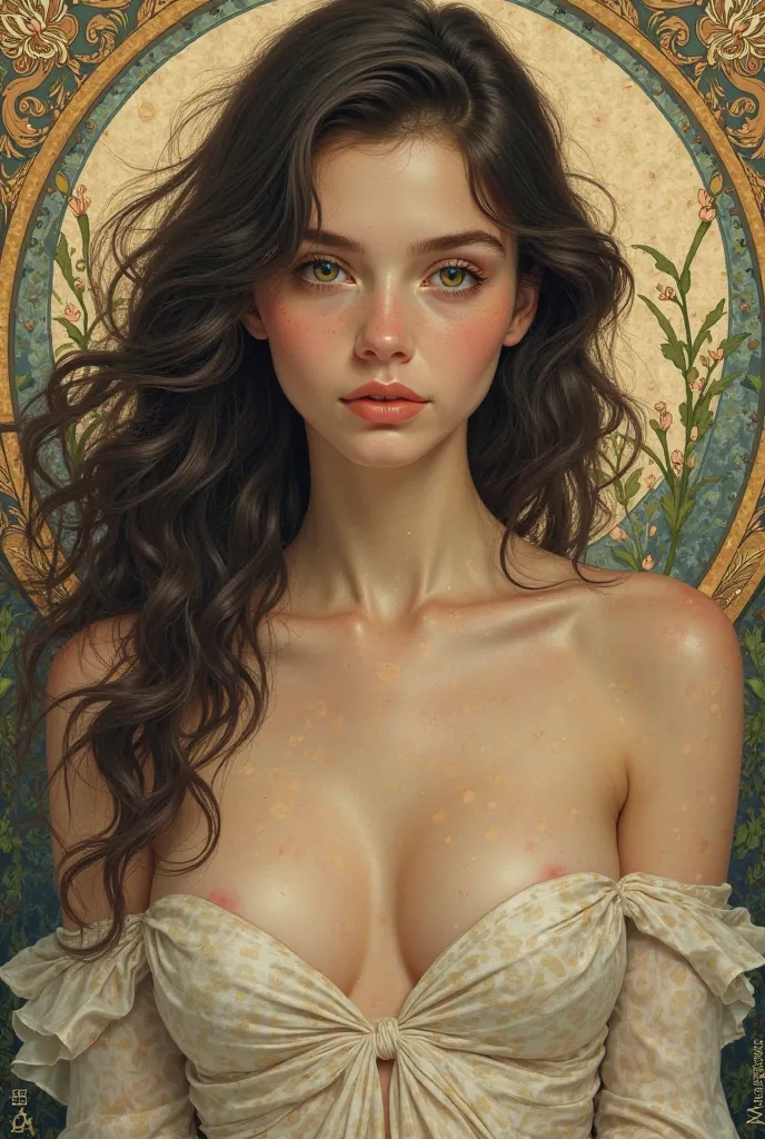 Art Nouveau portrait of a young woman,  with long wavy hair, bright eyes and light makeup. she is naked