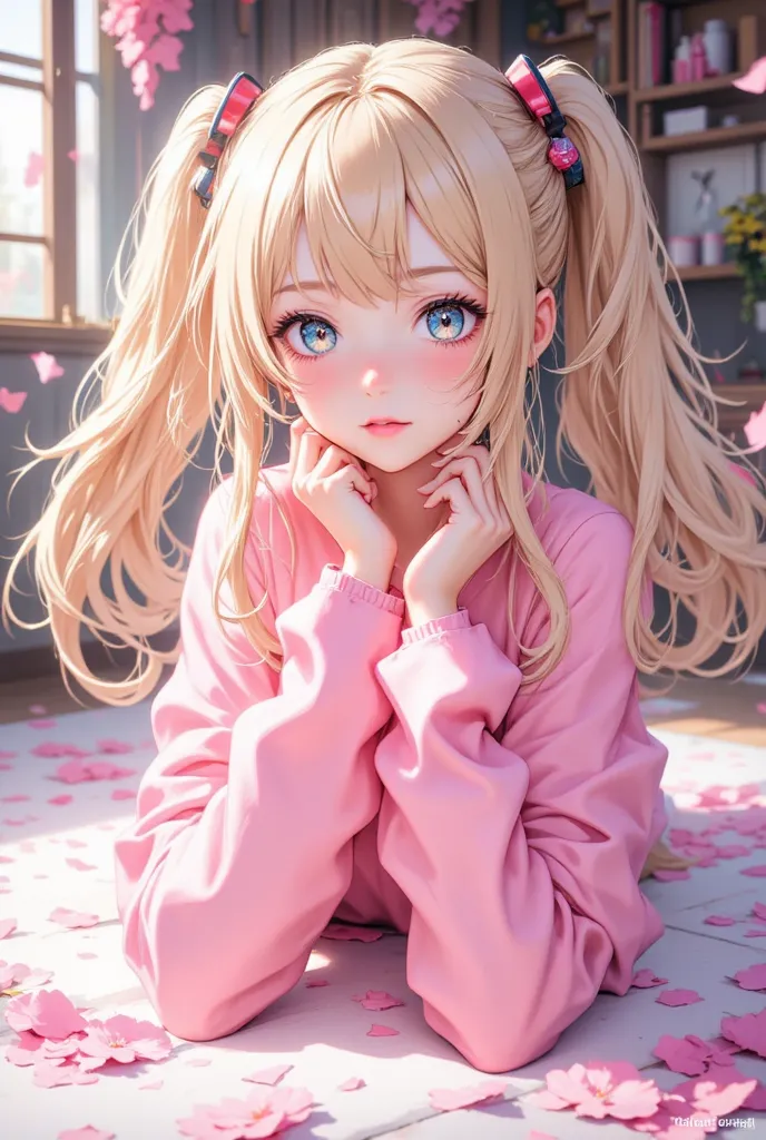 score_9, score_8_up, score_7_up, score_6_up, score_5_up, score_4_up, break sauce_anime, 1 girl, Alone, detail eyes, blue eyes, 官能的な顔,  seductive face , blonde girl, twin tails, pink tight bodysuit,  Bubble Bat , thick butt, my thighs are thick, on all four...