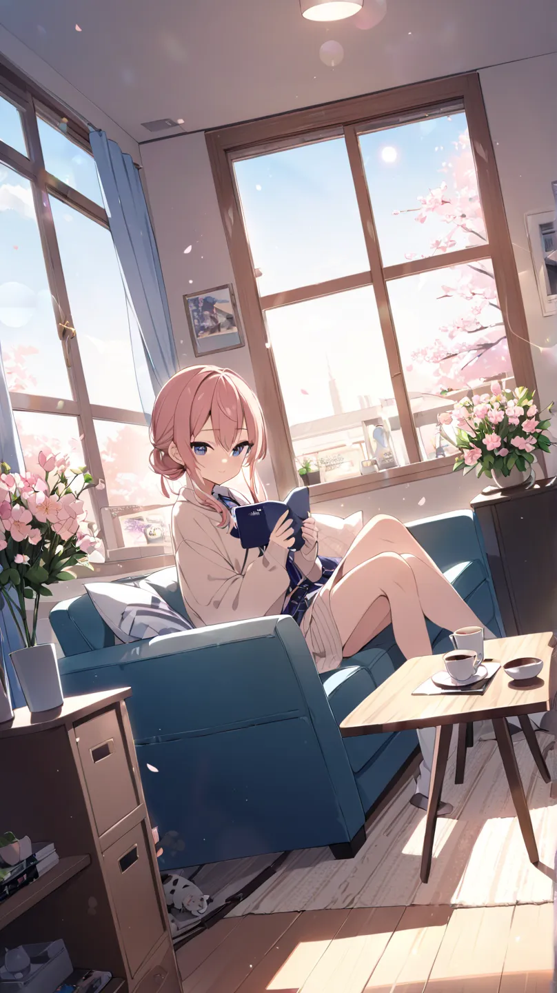 one&#39;s home、Private room、sofa、Gentle light comes in through the window、Cherry blossoms are in full bloom outside、 backlit、cat、Potted flowers、clock、magazine、Smartphone、tv set、Hoshimachi Suisei、solo, drink coffee、sit、dutch angle, Sparkling Effect, blurred...