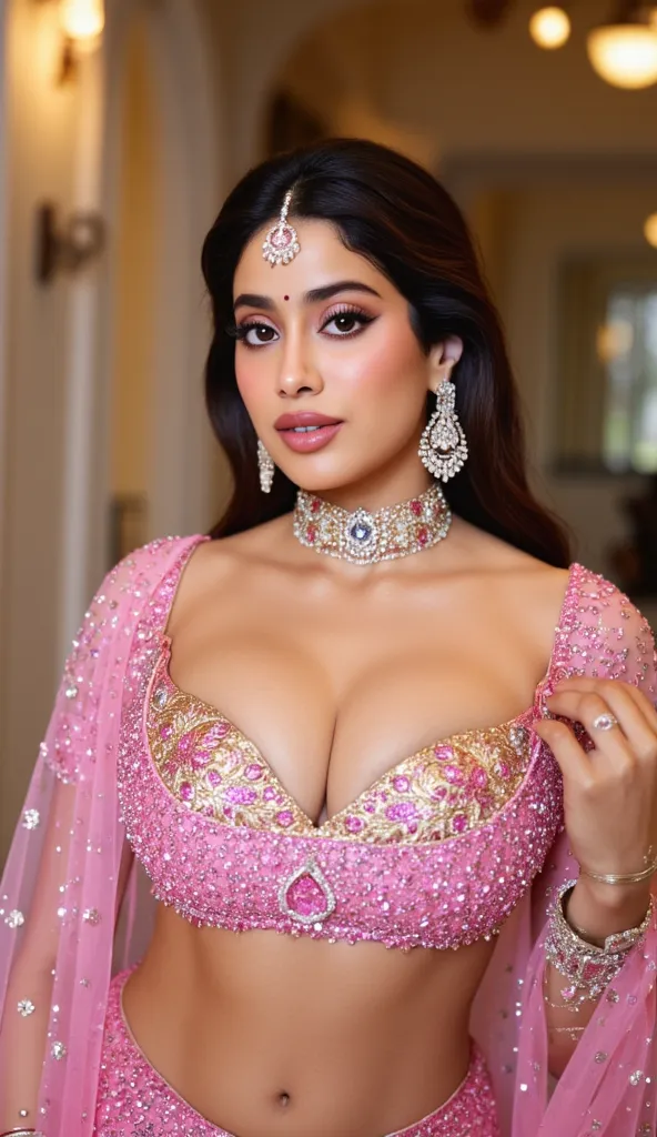 Full body photo portrait of a beautiful Indian woman, wearing an intricately designed pink lehanga adorned with shimmering floral embroidery, looking at the viewer with sparkling, dreamy eyes, deep cleavage, big breasts, and a sensual expression, elegant j...