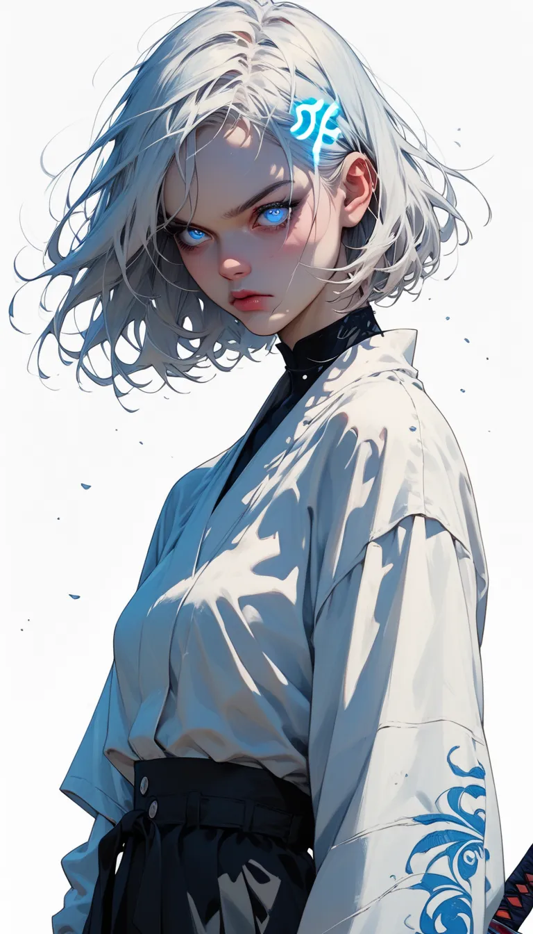 (Score_9, Score_8_up), Score_7_up, pdxl, 1 Girl, White hair,  short hair, blue glowing neon eyes, Mouth, watching the audience,  white kimono , white background, film particles, Training with katana ,cowboy style shot sinozick style,Tilting your head，anger...