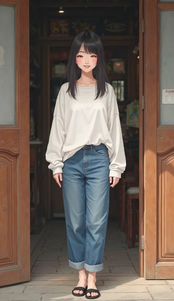 Se village girl with shoulder-length parted dark hair with bangs,dressed simply using a white long-sleeved T-shirt in combination with blue pencil jeans,using black flat sandals, wooden doors that are brown
 a carefree simple woman, open the door with a br...