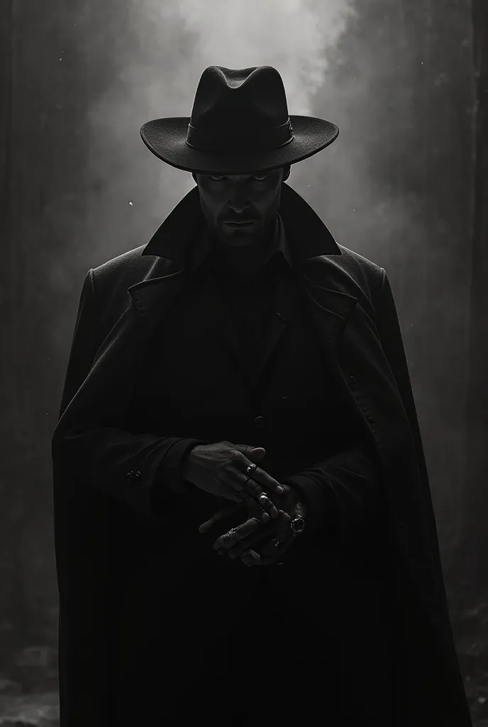 "A black and white image with a dark and enigmatic environment. in the center, a male figure wearing an elegant coat and a wide-brimmed hat, with his face partially hidden in the shadows. His posture is dominant and mysterious, with his hands crossed or ad...