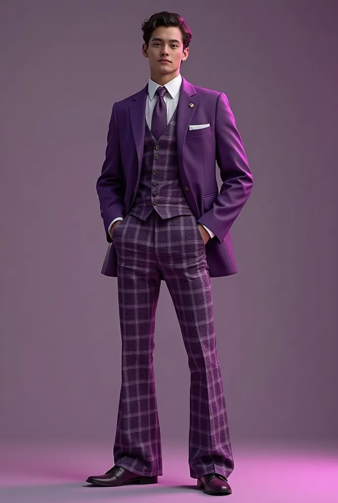 show me a picture of guy wearing dark purple plaid bellbottom pants with dark purple plain blazer and dark purple plain non checkered vest with tie