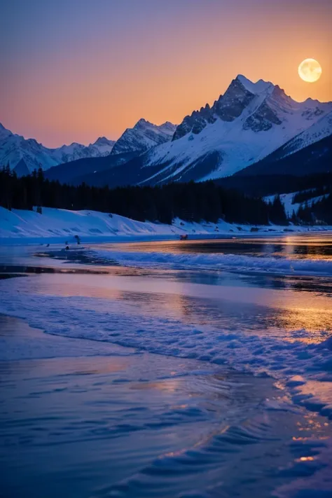 warm moon、up、 no people、Snowy mountains in the background、