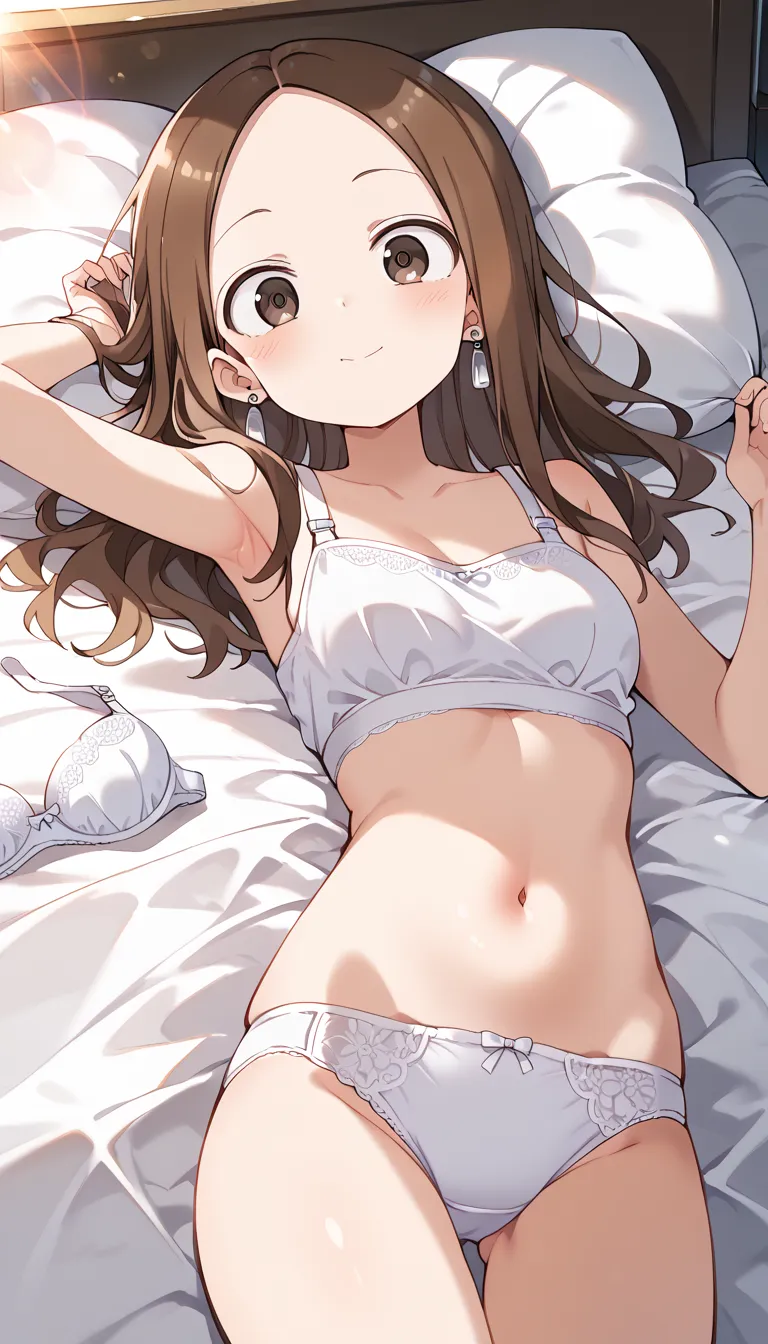 ( takagi-san)One,cute girl,Youngface、slim figure、 Read more,((simple earrings))、((brown hair、 straight hair type ,), （((white bra and white panties)))、beautiful hair, Facial Contour, Remember、illumination、 splash , lens flare,Natural colors, high resolutio...