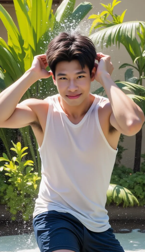 The scene captures a vibrant, playful moment outdoors. In the foreground, a young man stands confidently, his hands running through his wet hair, which appears dark and slightly tousled. He is wearing a snug-fitting, transparent white tank top that clings ...