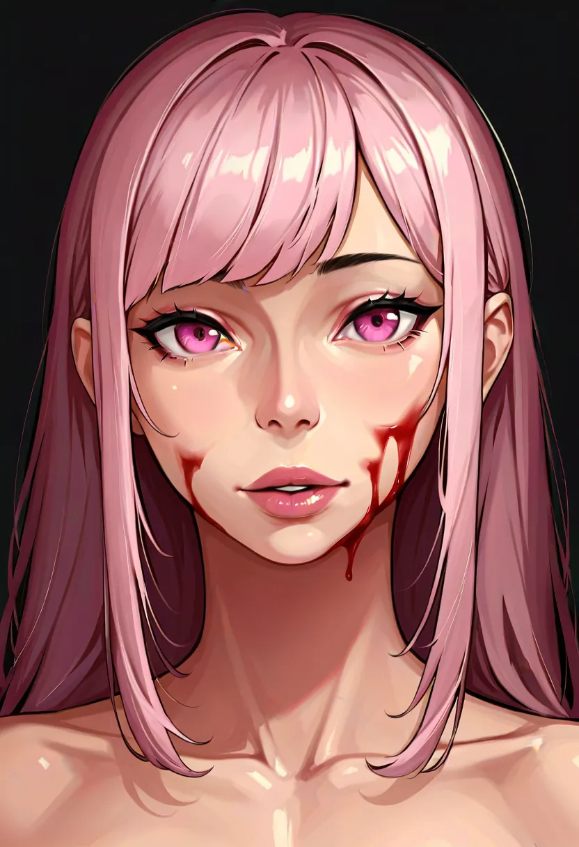 score_9, score_8_up, score_7_up, score_6_up, glshs, 1girl, solo, blood, looking at viewer, blood on face, portrait, bangs, parted lips, black background, pink eyes, lips, partially illuminated