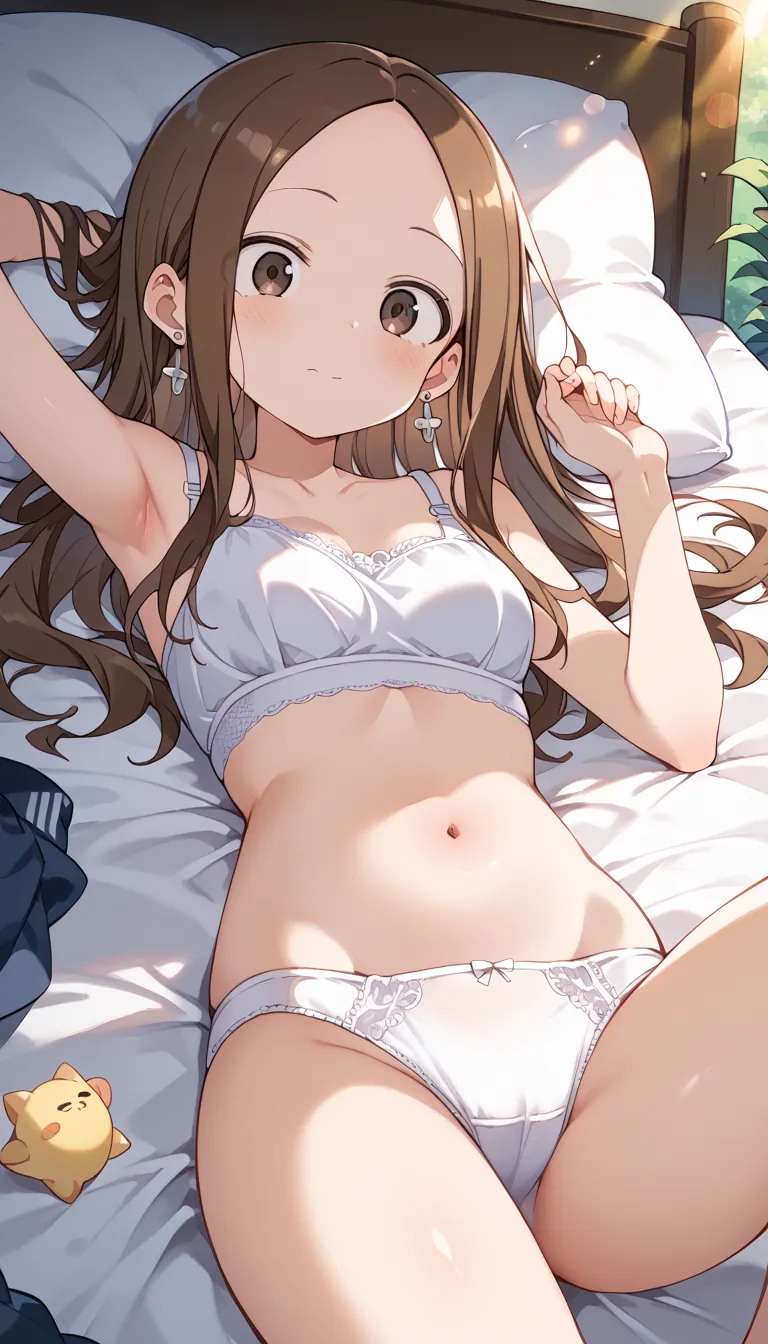 ( takagi-san)One,cute girl,Youngface、slim figure、 Read more,((simple earrings))、((brown hair、 straight hair type ,), （((white bra and white panties)))、beautiful hair, Facial Contour, Remember、illumination、 splash , lens flare,Natural colors, high resolutio...