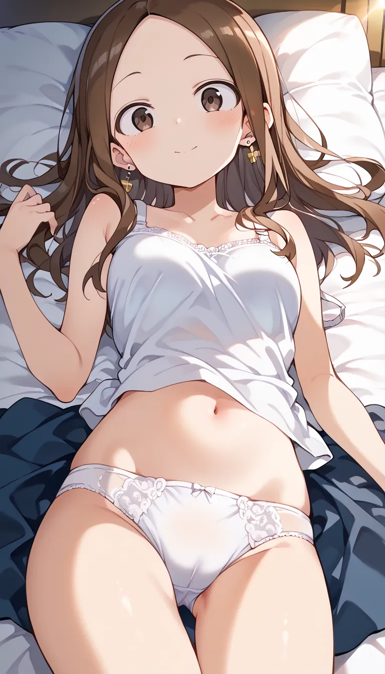 ( takagi-san)One,cute girl,Youngface、slim figure、 Read more,((simple earrings))、((brown hair、 straight hair type ,), （((white bra and white panties)))、beautiful hair, Facial Contour, Remember、illumination、 splash , lens flare,Natural colors, high resolutio...