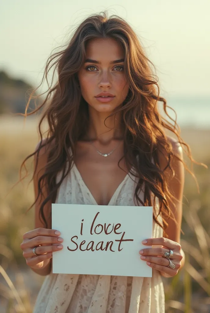 Beautiful girl with long wavy hair, bohemian dress, holding a white board with the text " I Love Seaart Infinity " and showing it to the spectator