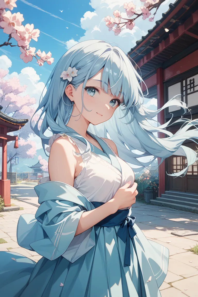 nsfw、long hair、light light blue pastel hair、Hair fluttering in the wind、The background is light blue 、Light overall color、Japanese anime style