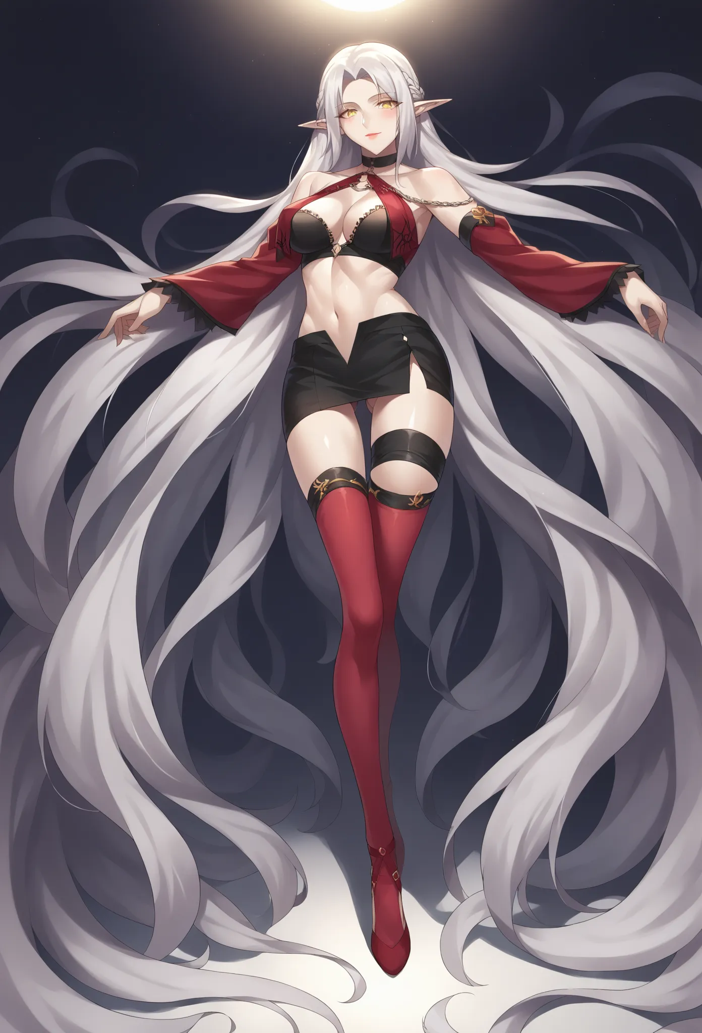 tak_tak, 2d,
1girl, solo, on back, full body, side view, mature female, white hair, very long hair, sidelocks, one red thighhig,  yellow eyes, shiny skin,masterpiece, best quality, very aesthetic,closed mouth, bare shoulders, very long hair flowing to the ...