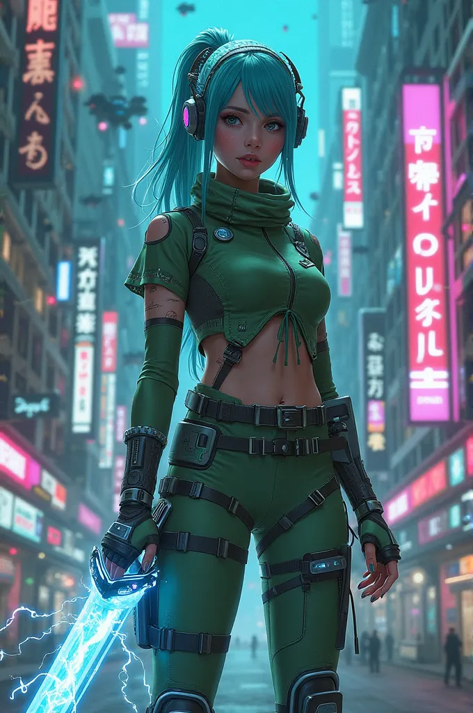 cyberpunk-style girl with sky-blue hair and gray eyes, wearing a high-tech headset with glowing elements. She has a neutral expression and wields a sleek, futuristic sword crackling with blue electricity. She wears a stylish, form-fitting green outfit with...