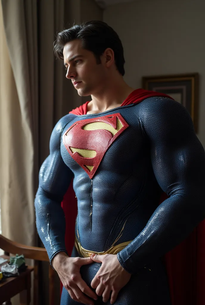 superman, indoor, intimate, dazzling lights [Superman : middle aged, handsome, muscular, european, blue eyes, helpless, humiliated, out of energy, liquid resembling milk transparent dripping from him], superman having orgasm, full body, big bulge