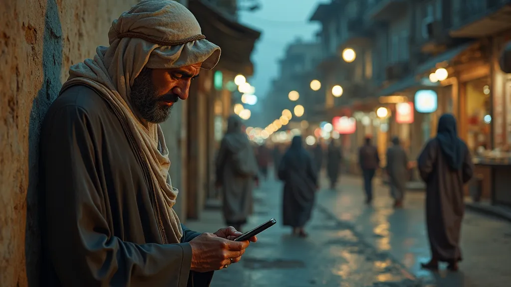 A man in Islamic clothing leans against a wall on a busy foreign street at night, looking down with teary eyes while talking on his phone.