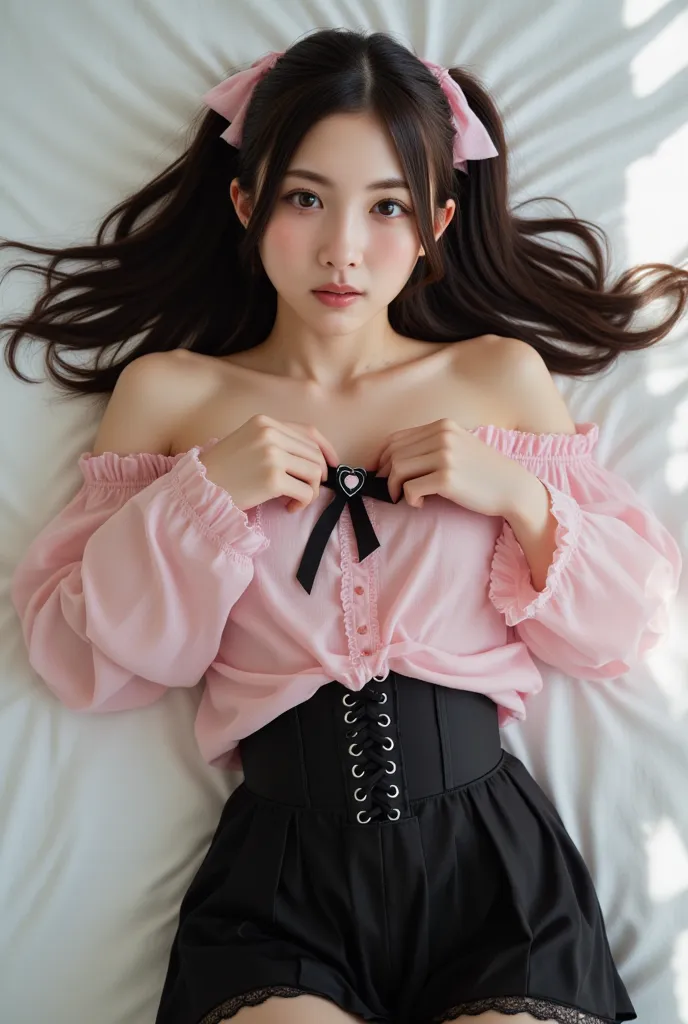 Photorealistic, 8K, bright sunlight, 1girl, bare body, small breasts, bare chest, dark wavy twin-tails with matching small pink ribbon bows. Loose strands gently frame her face. She wears a sheer pink cold-shoulder blouse with ruffled sleeves and a frilled...