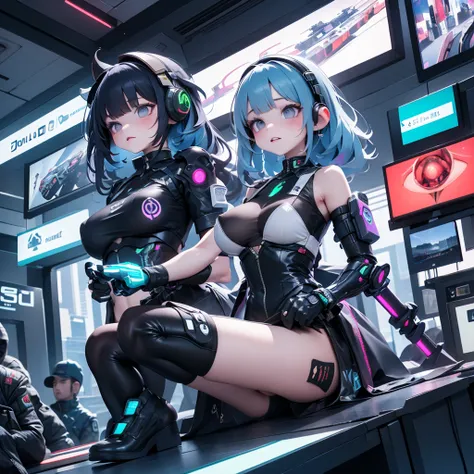 cyberpunk-style girl with sky-blue hair and gray eyes, wearing a high-tech headset with glowing elements. She has a neutral expression and wields a sleek, futuristic sword crackling with blue electricity. She wears a stylish, form-fitting green outfit with...