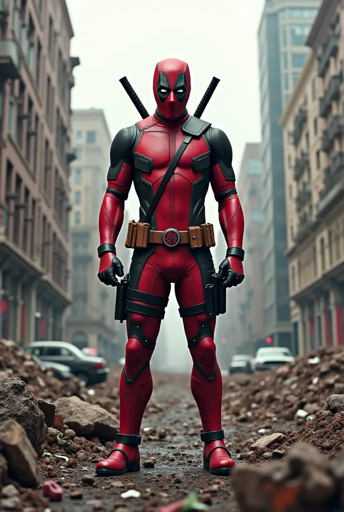 CREATE THE Marvel CHARACTER DEADPOOL in a completely destroyed city 