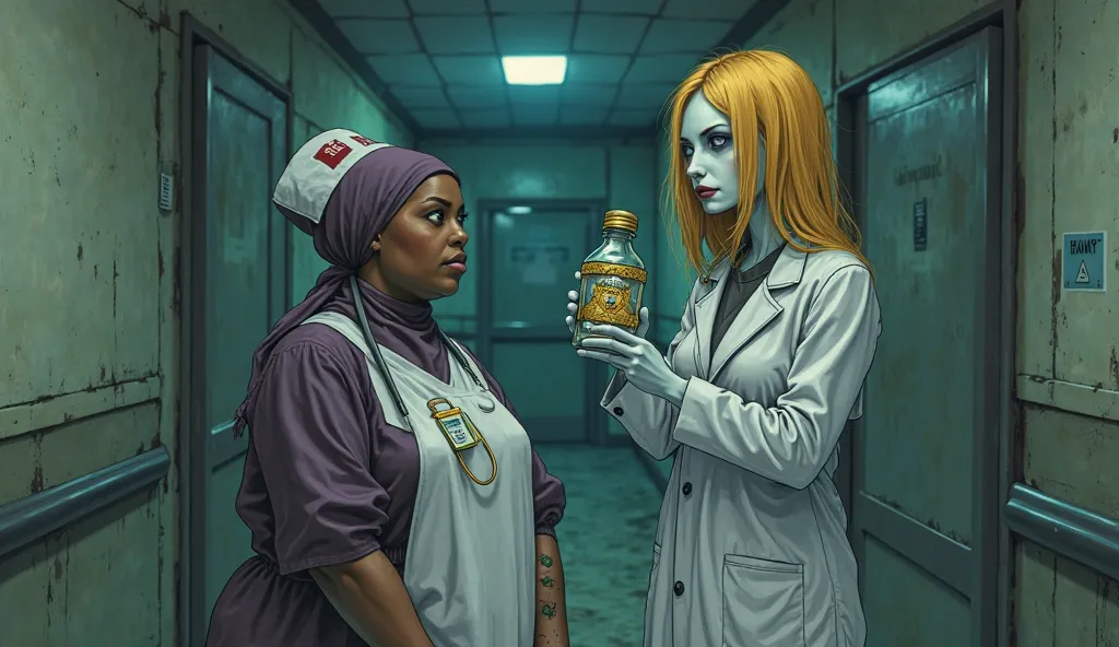 A chubby black nurse with a headscarf and a tall woman, Blonde in white clothes, white-skinned, alien appearance, holding a 20cm glass bottle with gold ornamentation. Both are in a hospital corridor, Close to a drinking fountain. Night atmosphere , Tim Bur...