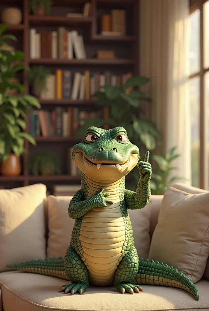 "A realistic crocodile standing on a cozy sofa in an elegant living room, forming a finger heart gesture (🫰) with one of its hands. Its eyes have a soft, dreamy gaze, full of warmth and love, giving off a gentle and affectionate expression. The room has a ...