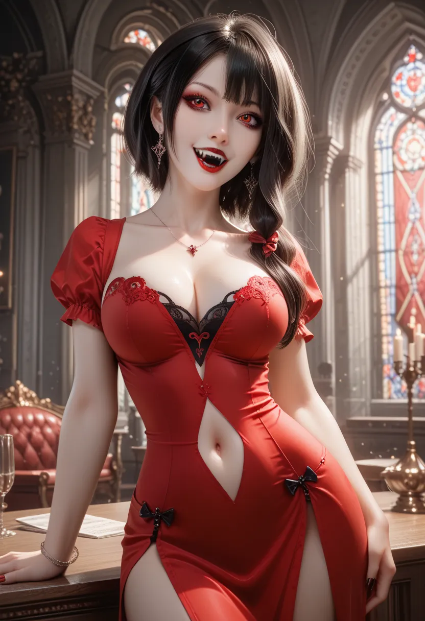  1 woman, alone, vampire fangs, Black-haired vampire, pale skin, slim but voluptuous body, wearing a blood-red dress with a neckline up to the navel and a side slit showing the thigh, gothic castle, 8k, masterpiece, High definition, perfection, detailed ba...