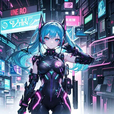 cyberpunk-style girl with sky-blue hair and gray eyes, wearing a high-tech headset with glowing elements. She has a neutral expression and wields a sleek, futuristic sword crackling with blue electricity. She wears a stylish, form-fitting green outfit with...