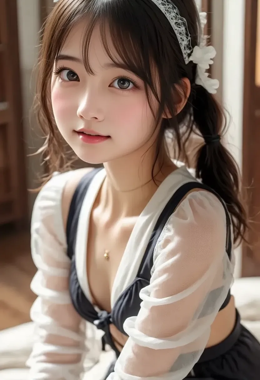 (((((young girl:2.86))))),(masterpiece,best quality:1.9),8k, RAW photos ,nsfw, More,詳細な毛穴,baby face,(((Youngface):1.7)),(( young body):1.6), reality,  hotel room、(lean forward、gets on all fours:1.67)、smile、(((  shirt:2.2))),(( sexy lingerie :1.3)),full bod...