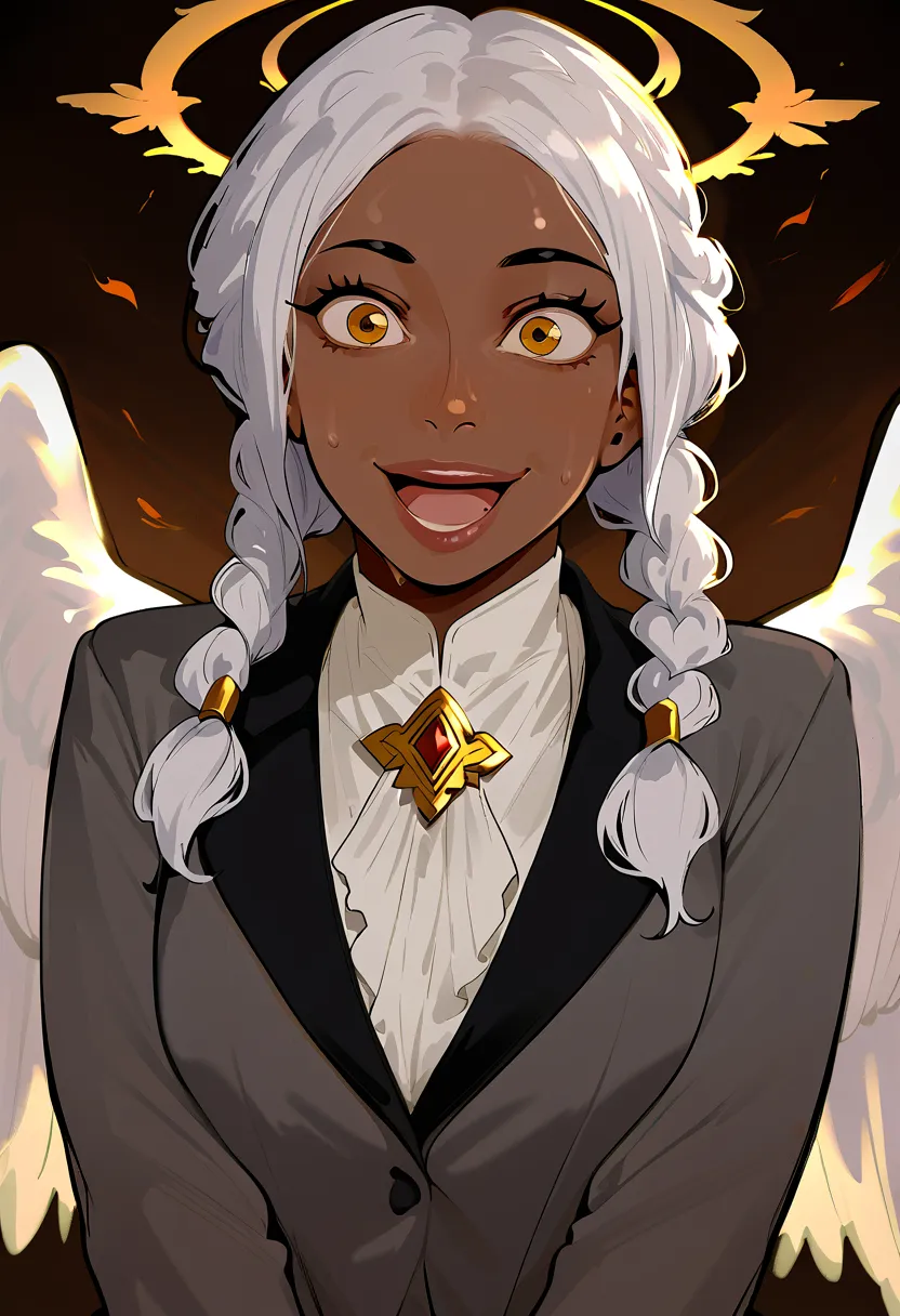 score_9, score_8_up, score_7_up, BREAK, 1woman portrait, beautiful, dramatic lights ((Angel, angel girl, dark skin, dark skinned female, white hair, twin braids, angel wings, feathered wings, suit, grey suit, happy, smile, closed mouth, yellow eyes, enel f...